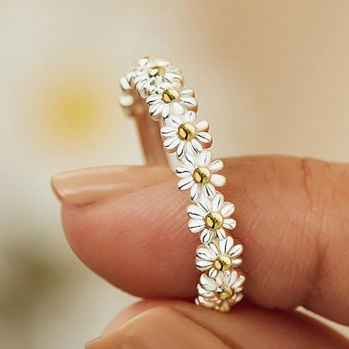 Justerbar Sølv- og Håndmalt Emalje Daisy Ring