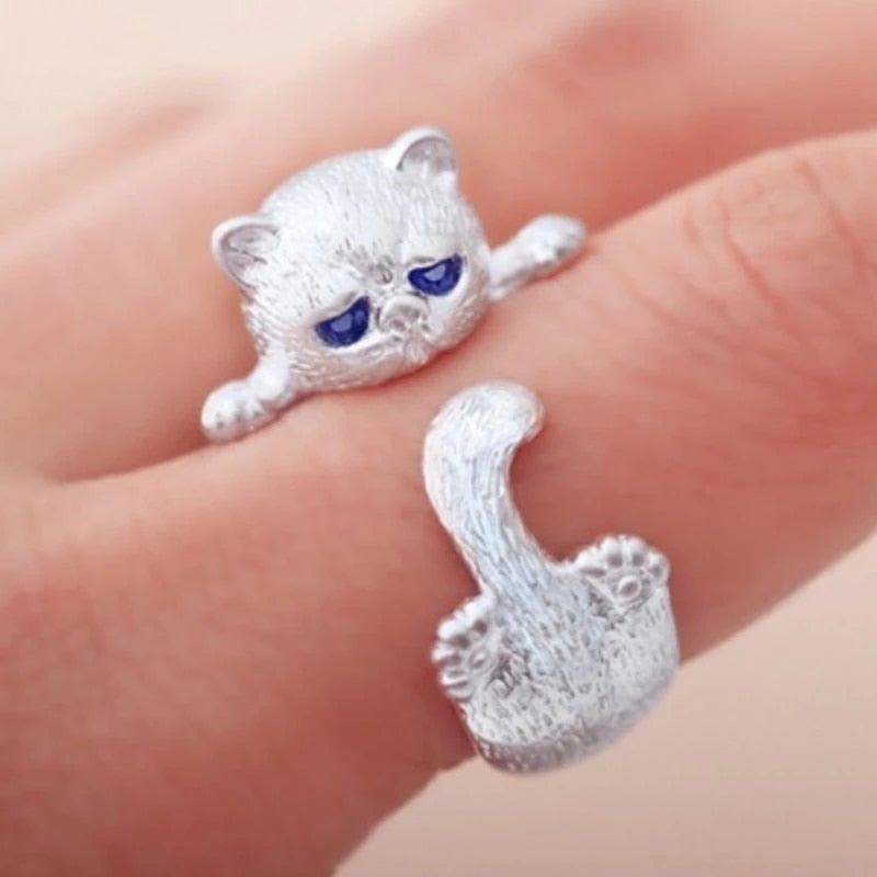 Justerbar 925 Sterling Sølv Katt Ring