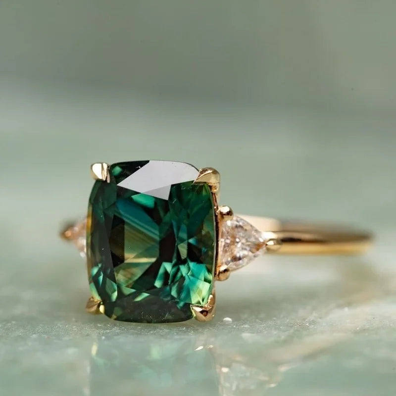 Vintage Gull & Grønn Stein Firkantet Ring