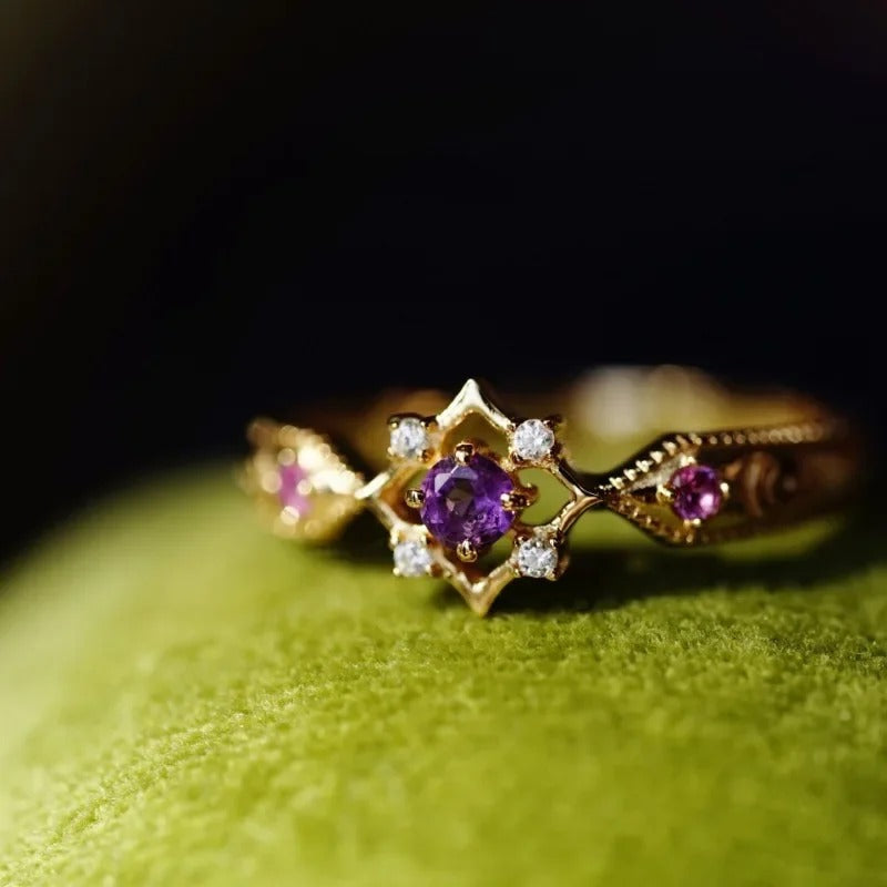 Vintage Gull & Ametyst Lilla Krystall Geometrisk Justerbar Ring