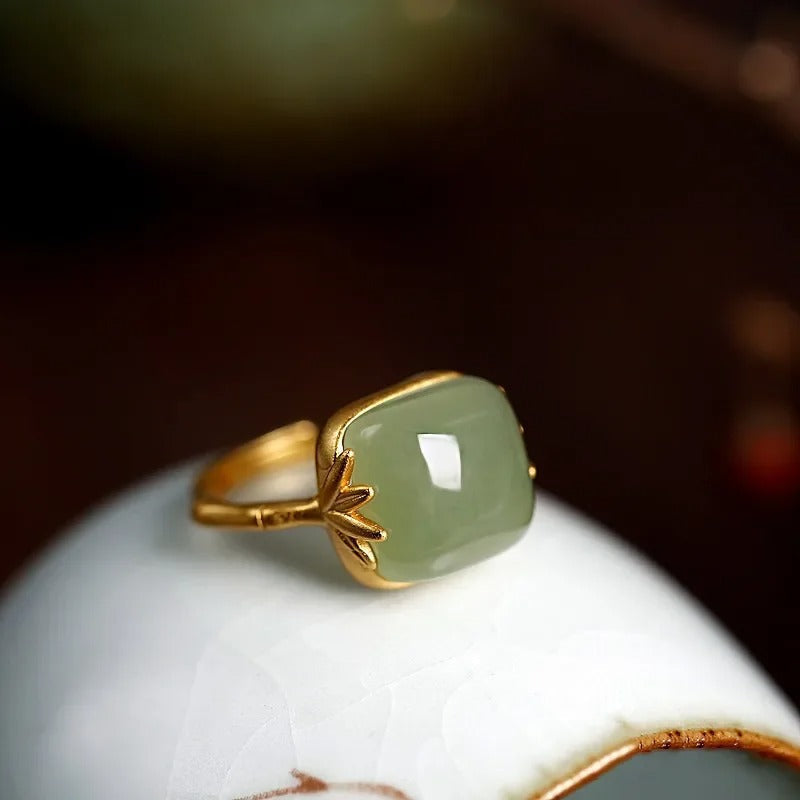 Vintage Gull Grønn Jade Justerbar Ring