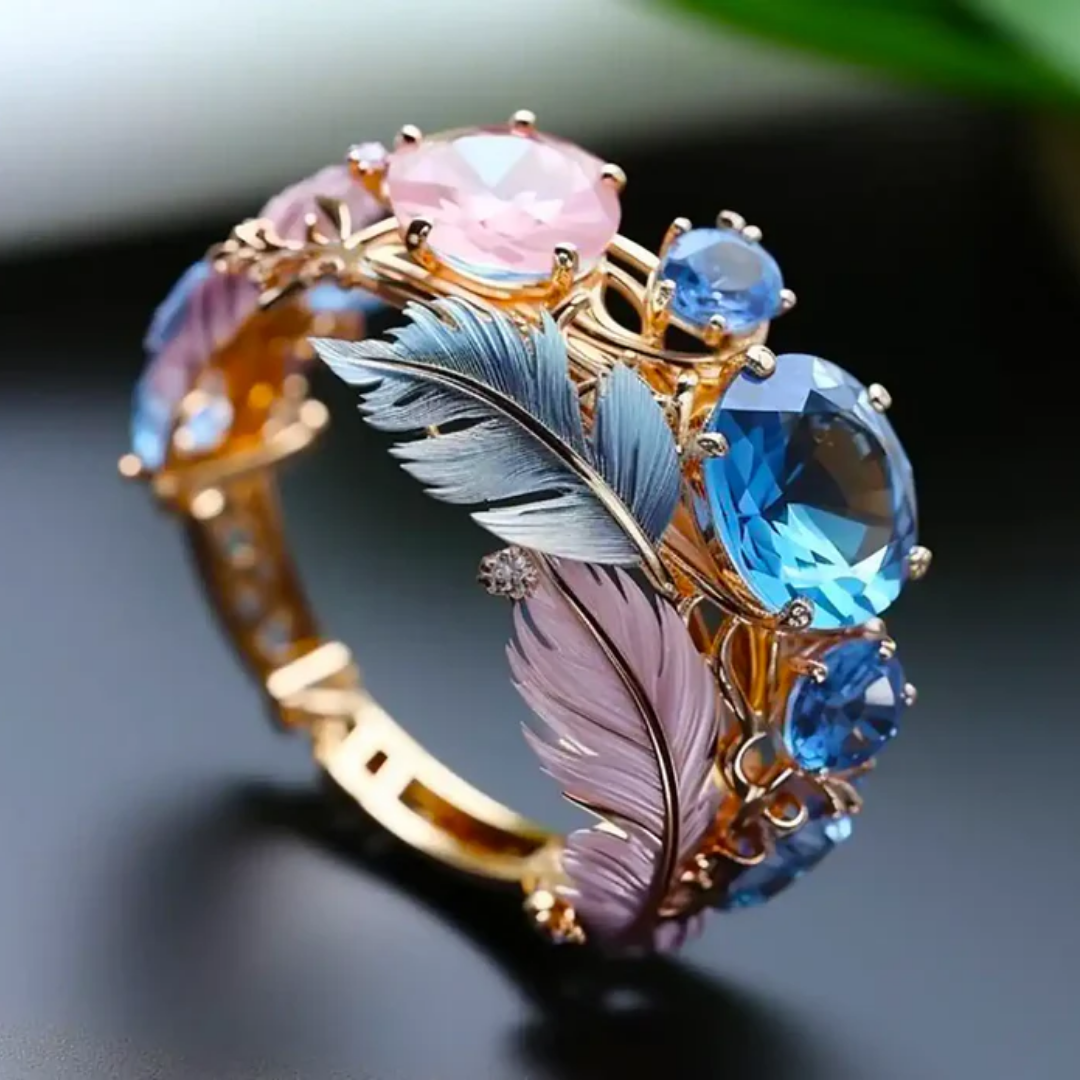 Vintage Eksotisk Fjær Krystall Ring